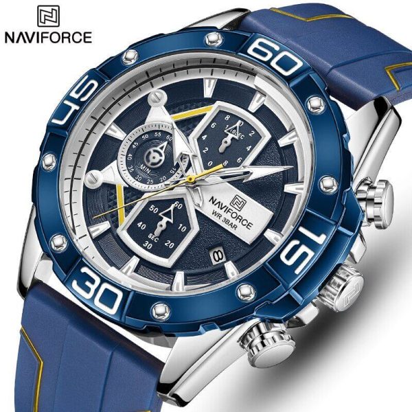 NAVIFORCE NF8018T Modern Casual Design Multi-function Silicone Strap Chronograph Watch For Men- Silver/Blue