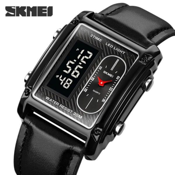 SKMEI 1868 Casual Rectangle Dial Digital Analog Luminuos Leather Strap Stopwatch For Men - Black