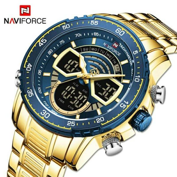 NAVIFORCE NF9189 Stainless Steel Dual Movement Digital Analog Dark Night Display Quartz Watch For Men - Golden