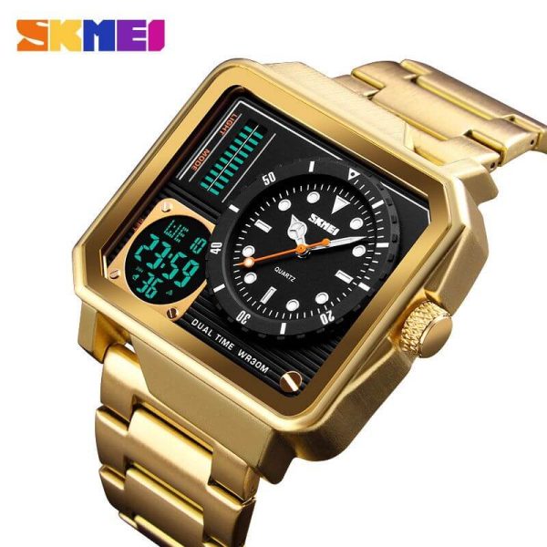 SKMEi 1392 Multifunction Digital Analog Square Stainless Steel Fashion Watch For Men - Golden