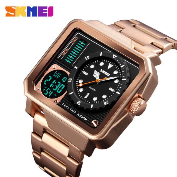 SKMEi 1392 Multifunction Digital Analog Square Stainless Steel Fashion Watch For Men - RoseGold