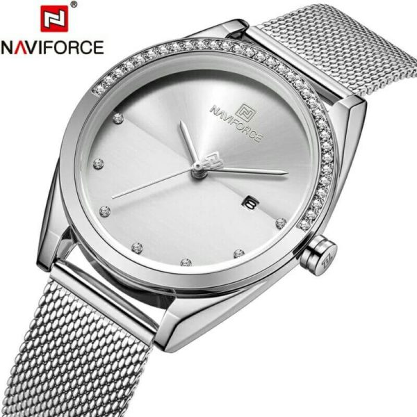 NAVIFORCE NF5015 Ladies Stainless Steel Mesh Crystal Date Display Quartz Watch - Silver