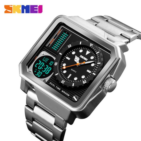 SKMEI 1392 Multifunction Digital Analog Square Stainless Steel Fashion Watch For Men - Silver