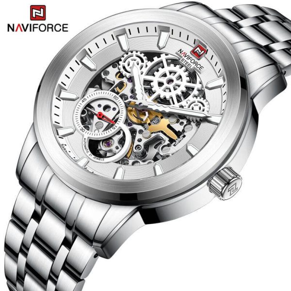 NaviForce NFS1002 Men's Self Winding Mechanical 10 ATM Waterproof Stainless Steel With Luminous Hands Chronograph Watch - Silver