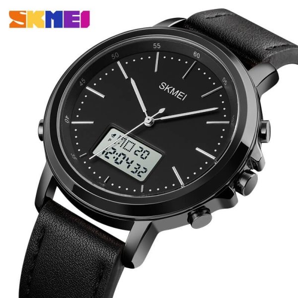 Skmei 1652 Men's Casual Dual Movement LED Light Display Leather Strap Wristwatch - Black