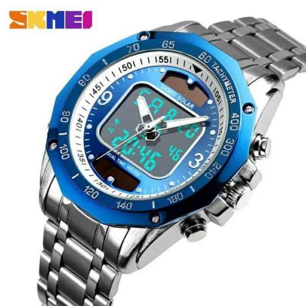 SKMEI 1493 Luxury Men Quartz Dual Time Display Waterproof Stainless Steel Watch - Silver/Blue