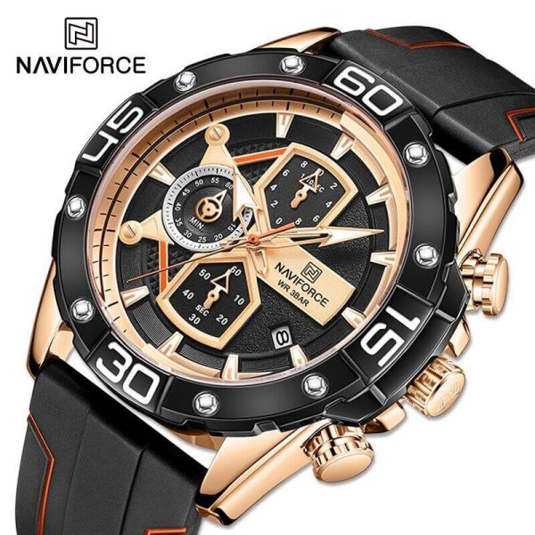 NAVIFORCE NF8018T Modern Casual Design Multi-function Silicone Strap Chronograph Watch For Men- Rosegold/Black