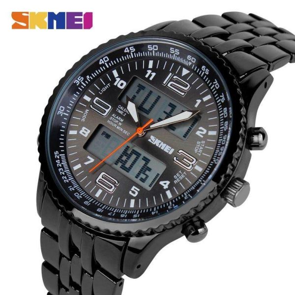 Skmei 1032 LED Dual Display Alarm Chrono Calendar Waterproof Full Stainless Steel Watch For Men - Black