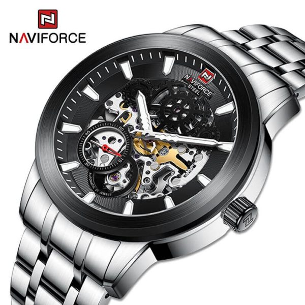 NaviForce NFS1002 Men's Self Winding Mechanical 10 ATM Waterproof Stainless Steel With Luminous Hands Chronograph Watch - Black/Silver