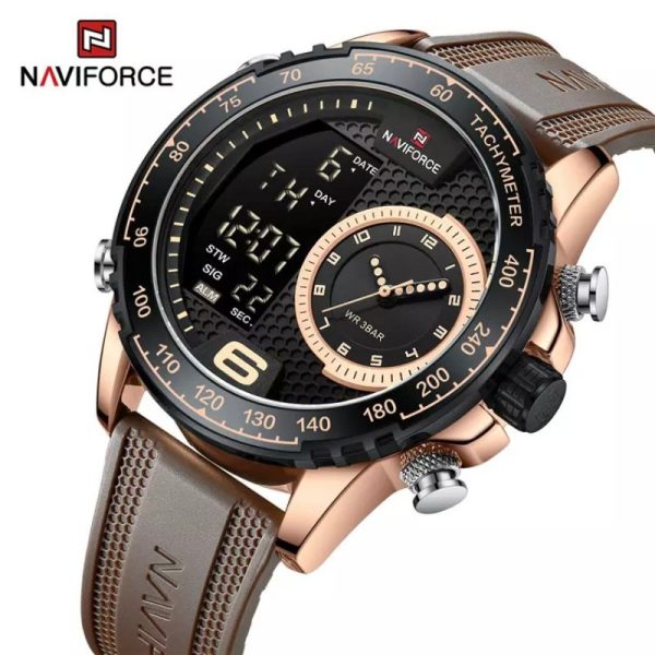 NaviForce NF9199T Men's Creative Silicon Strap Luminous Dual Display Compete Calendar Watch - Brown