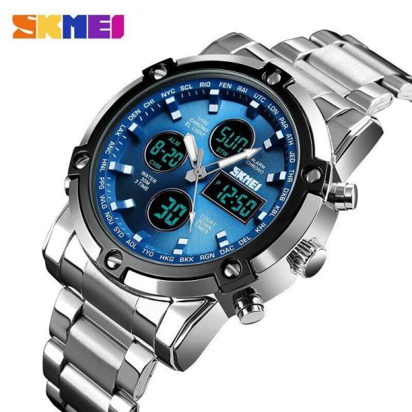 SKMEI 1389 MultiFunctional Business Analog/Digital Large Dial Stainless Steel Watch - Blue/Silver