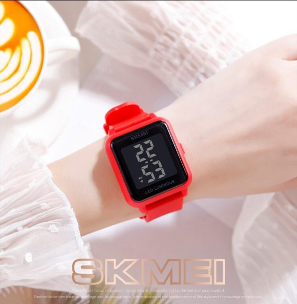 SKMEI 1630 Square Dial PU Band LED Digital Unisex Watch With Time Date - Red - Image 3