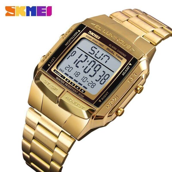 SKMEI 1381 Luxury Electronic LED Digital Military Multifunction Stainless Steel Watch For Men - Golden