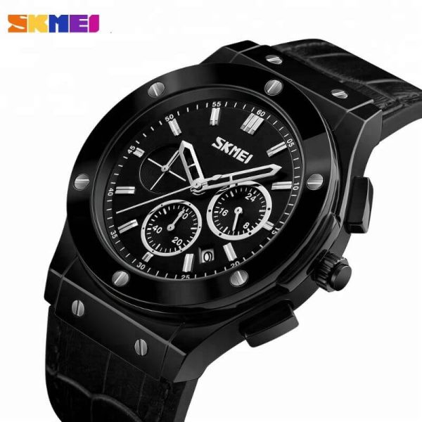 SKMEI 9157 Men's Multifunctional Business Edition Chronograph Date Display Leather Strap Watch - Black