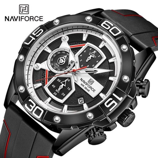 NAVIFORCE NF8018T Modern Casual Design Multi-function Silicone Strap Chronograph Watch For Men- Red/Black