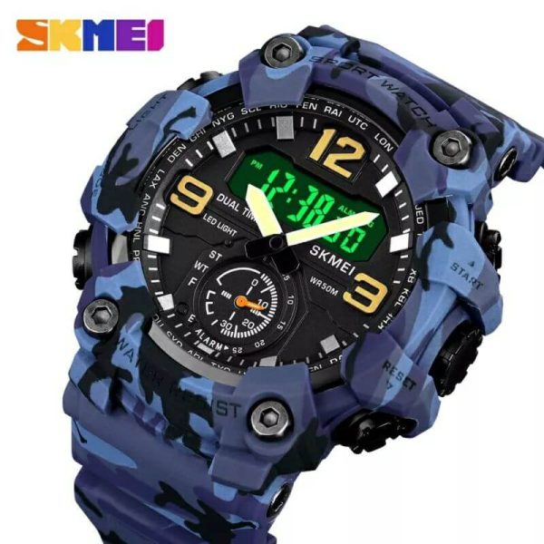 Skmei 1637 Men Digital Analog Dual Display Alarm Waterproof 3 Time Sport Wristwatch - Camouflage/Blue