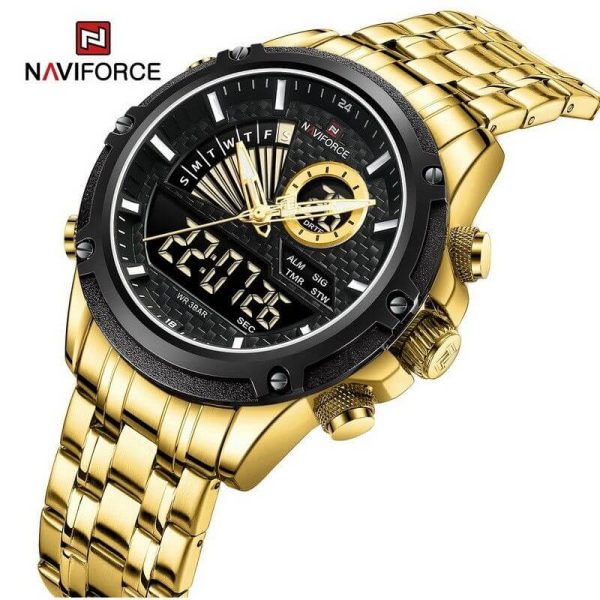 NaviForce NF9205 Luxury Dual Display Luminous Stainless Steel Watch For Men - Black/Golden