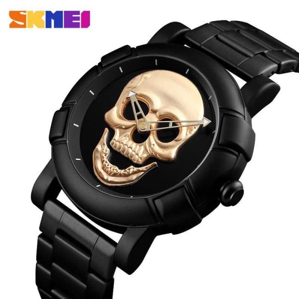 SKMEI 9178 Men Fashion Skull Creative Stainless Steel Quartz Wristwatch - Black/Golden