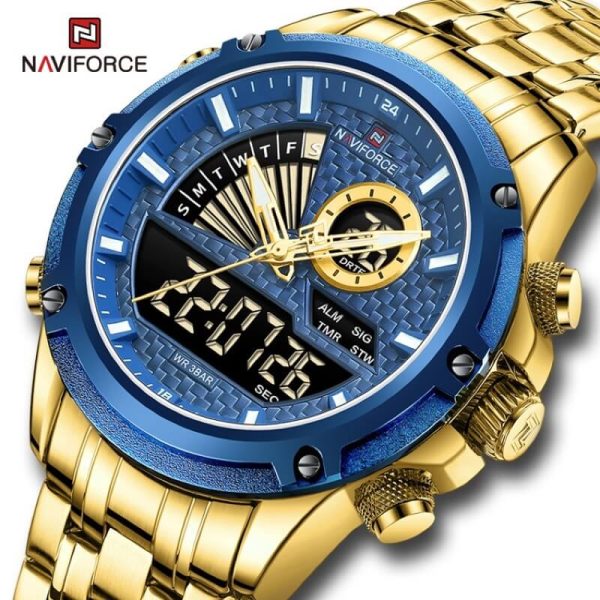 NaviForce NF9205 Luxury Dual Display Luminous Stainless Steel Watch For Men - Blue/Golden