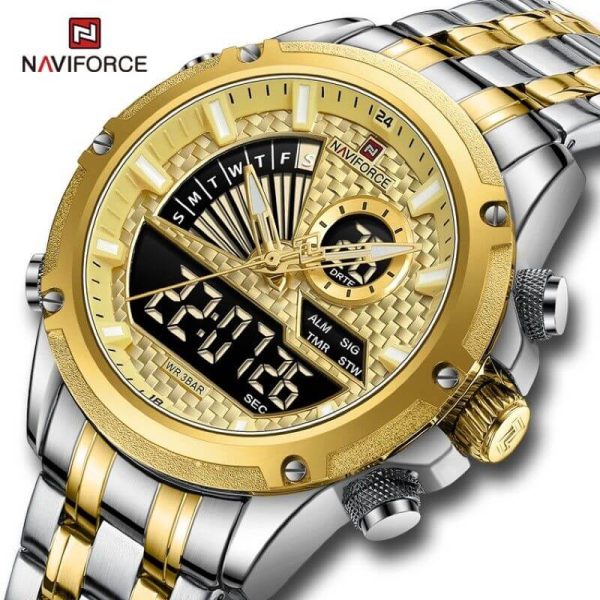 NaviForce NF9205 Luxury Dual Display Luminous Stainless Steel Watch For Men - Silver/Golden