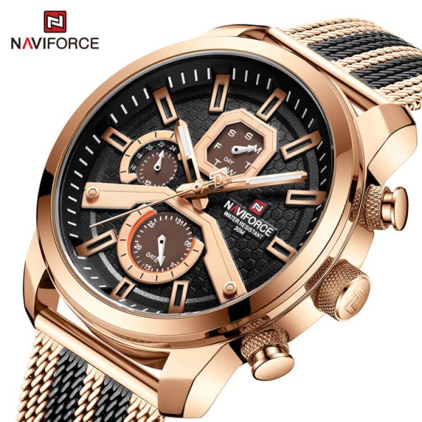 NaviForce NF9211 Men's Fashion Chronograph Day Date Display Stainless Steel Mesh Luminous Watch - RoseGold/Black