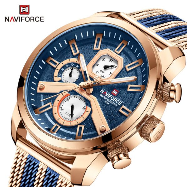 NaviForce NF9211 Men's Fashion Chronograph Day Date Display Stainless Steel Mesh Luminous Watch - RoseGold/Blue