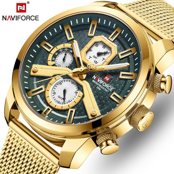 NaviForce NF9211 Men's Fashion Chronograph Day Date Display Stainless Steel Mesh Luminous Watch - Golden/Green