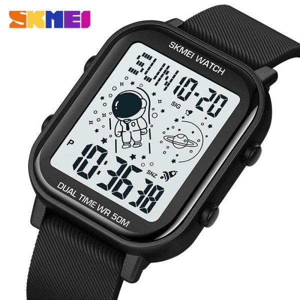 SKMEI 1971 Fashion Astronaut Creative Design Electronic Square Silicone Strap Digital Watch For Men - Black