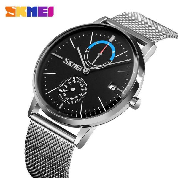 SKMEI 9182 Fashion Luxury Day Date Function Thin Round Dial Mesh Stainless Steel Watch For Men - Silver/Black