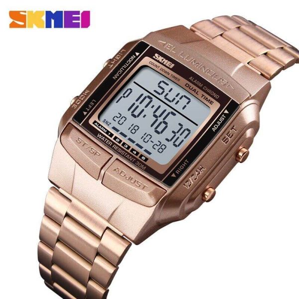 SKMEI 1381 Luxury Electronic LED Digital Military Multifunction Stainless Steel Watch For Men - RoseGold