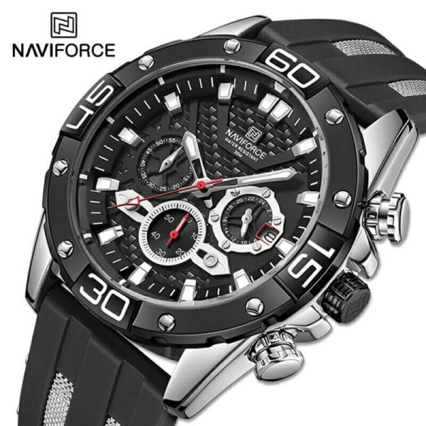 NAVIFORCE NF8019T Men's  Multifunction Luminous Silicone Strap Chronograph Quartz Watch - Silver/Black