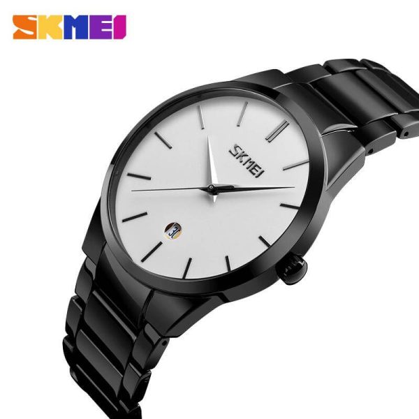 SKMEI 9140 Men's Business Stainless Steel Date Display Ultra Thin Quartz Watch - Black/White