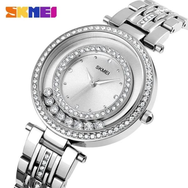 SKMEI 1740 Fashionable Diamond Surrounded Stainless Steel Quartz For Women - Silver