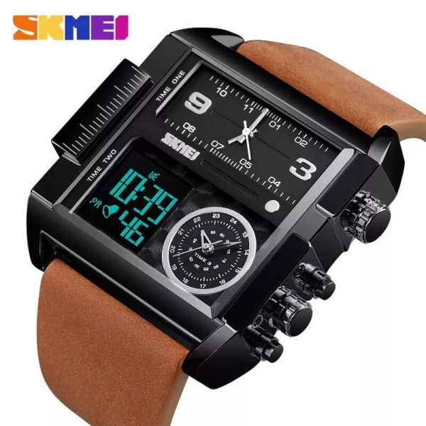 SKMEI 1584 Men's Multifunction Square Dial Digital Analog LED Chronograph Leather Strap Wristwatch - Brown