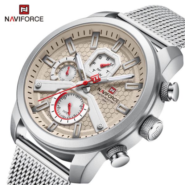 NaviForce NF9211 Men's Fashion Chronograph Day Date Display Stainless Steel Mesh Luminous Watch - Silver