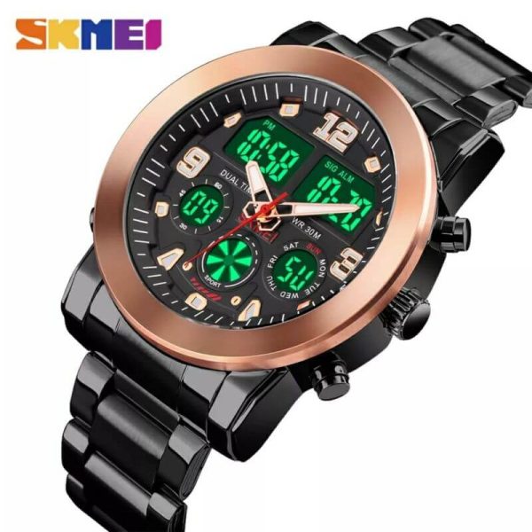 SKMEI 1642 Men's Casual Chronograph LED Digital Analog Stainless Steel Wrist Watch - Black/RoseGold