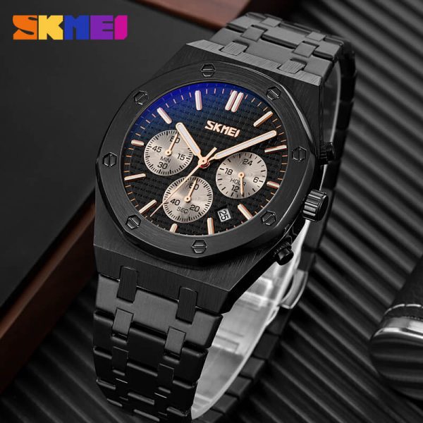 SKMEI 9296 Men's Classic Chronograph Stainless Steel Luminous Date Display Quartz Watch - Black - Image 3