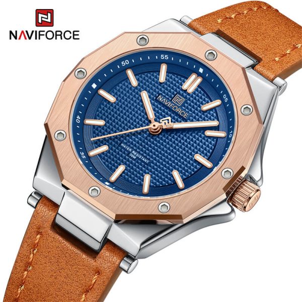 NaviForce NF5026 Elegant Casual Polygonal Bezel Luminous Leather Strap Quartz Wristwatch For Women - Blue/Orange