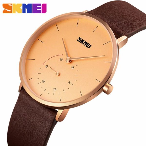 SKMEI 9213 Minimalist Quartz Classic Leather Casual Watch For Men - Rosegold/Brown