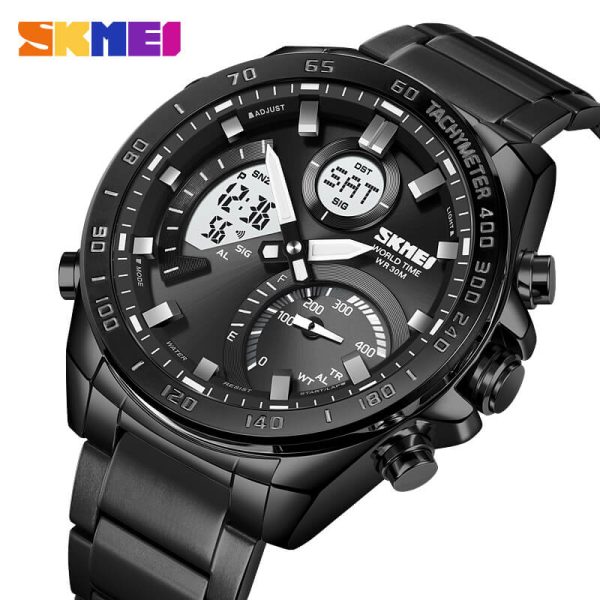 SKMEI 1889 Multifunctional Dual Display Countdown Chronograph LED Light Stainless Steel Watch For Men - Black