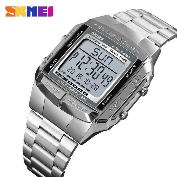 SKMEI 1381 Luxury Electronic LED Digital Military Multifunction Stainless Steel Watch For Men - Silver