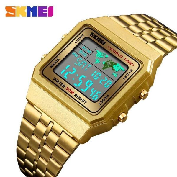 SKMEI 1338 Men's Stainless Steel Countdown Time Zone Waterproof LED Electronic Digital Watch - Golden