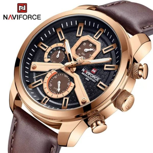 NaviForce NF9211 Men's Fashion Chronograph Day Date Display Leather Strap Luminous Watch - Brown/Rosegold