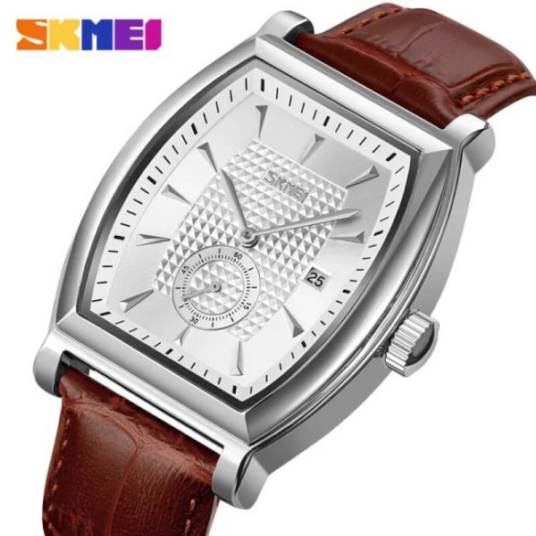 SKMEI 9306 Men's Luxury Business Slim Square Dial With Date Display Leather Strap Watch - Silver/Brown