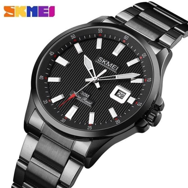 SKMEI 1654 Fashion Casual Lumnious Date Display Stainless Steel Analog Watch For Men - Black