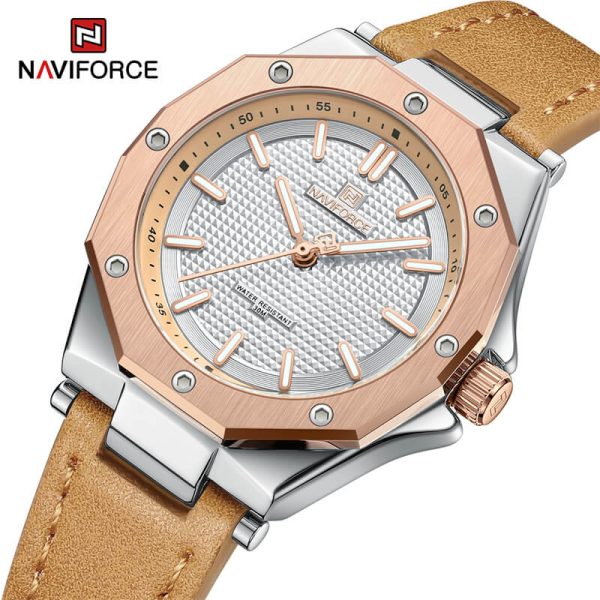 NaviForce NF5026 Elegant Casual Polygonal Bezel Luminous Leather Strap Quartz Wristwatch For Women - Light Brown