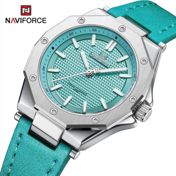 NaviForce NF5026 Elegant Casual Polygonal Bezel Luminous Leather Strap Quartz Wristwatch For Women - Cyan