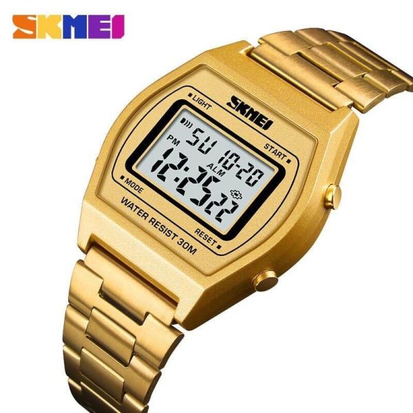 SKMEI 1328 Fashion Classic Unisex Count Down Waterproof Stainless Steel Digital LCD Alarm Clock Hours Watch - Golden