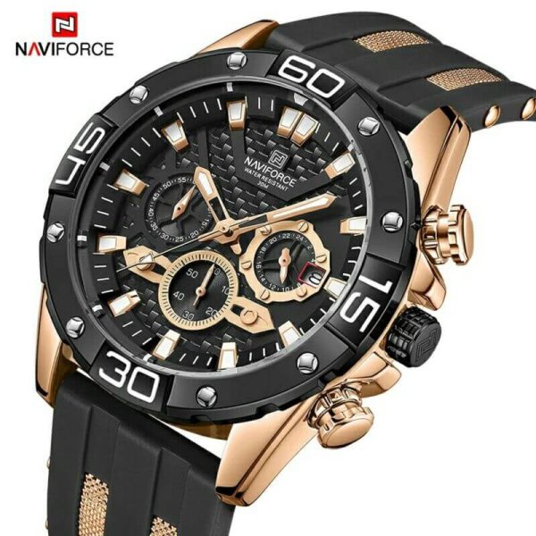 NAVIFORCE NF8019T Men's  Multifunction Luminous Silicone Strap Chronograph Quartz Watch - Rosegold/Black