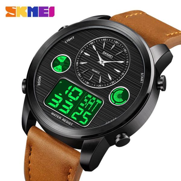 SKMEI 1653 Men's World Time Dual Display Movement LED Electronic Multifunction Leather Strap Watch - Black/Brown